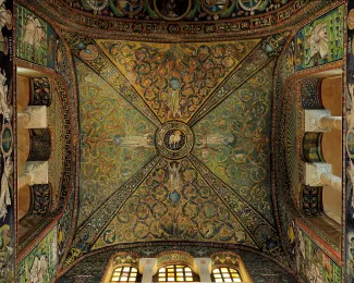 Lamb of God mosaic in presbytery of Basilica of San Vitale (built A.D. 547) Ravenna, Italy. UNESCO World heritage site.