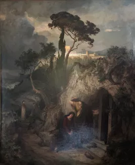 1881 Moritz Erdmann Ölgemälde Biblische Landschaft mit Maria Jacobi und Maria Magdalena am Grabe Christi trauernd
