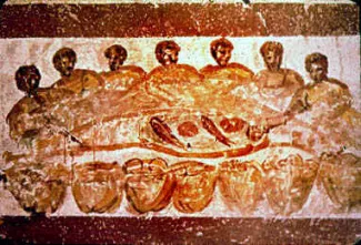 An early Christian painting depicting a feast. Found in catacombs below Rome.